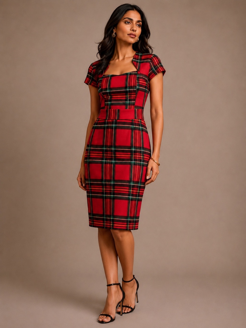 GRACE KARIN Red Tartan Plaid Cutout Sheath Dress Size M Holiday Christmas